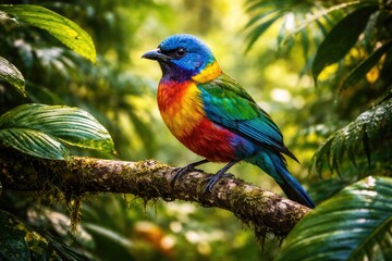 Obraz premium A colorful bird resting on a branch amid dense tropical foliage