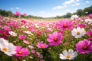 Obraz premium A vibrant field of blooming cosmos flowers under a clear blue sky on a sunny day