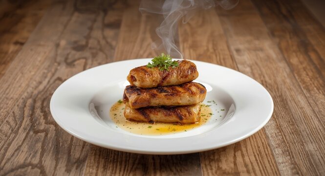 Stack of grilled mititei meat rolls with smoky aroma on a plate