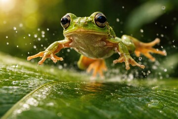 Obraz premium adorable green frog with big eyes leaping on a wet leaf