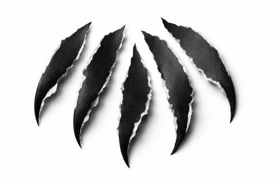 Black torn paper pieces shaped like animal claws on a white background with clipping path