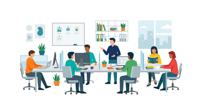 Modern Office Workspace Illustration with Diverse Professional Team Collaborating on Projects, Startup Business Environment and Corporate Coworking Scene
