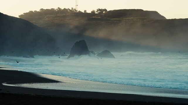 Misty Beach at Sunrise in Slow Motion
