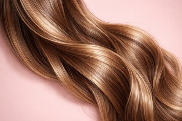 Fototapeta premium Close up of shiny human hair strands on a smooth pastel pink backdrop highlighting hair care and clean beauty themes