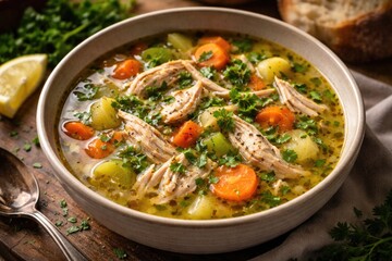 Fototapeta premium Hearty bowl of chicken soup served with fresh herbs