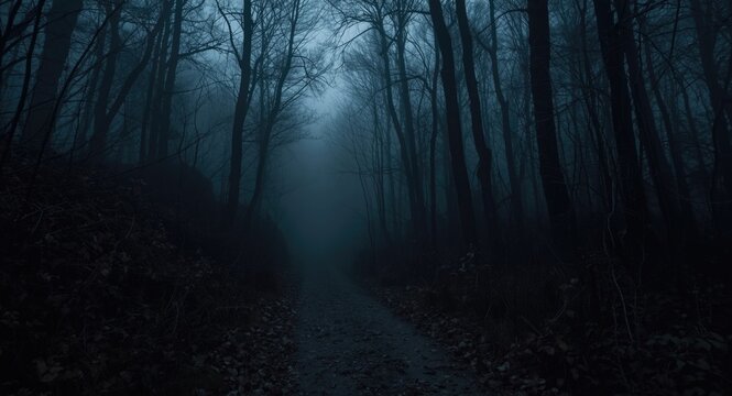Unearthly forest trail on a misty night with creepy tree silhouettes