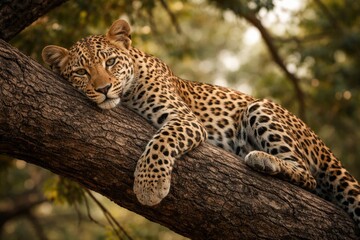 Fototapeta premium Graceful young leopard resting peacefully on a sturdy tree branch