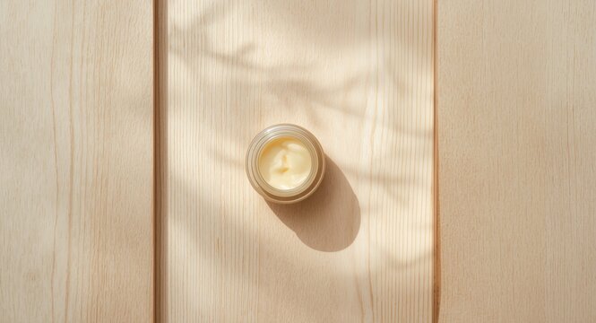 Moisturizing cream with shea butter sitting on light toned wooden panel backdrop