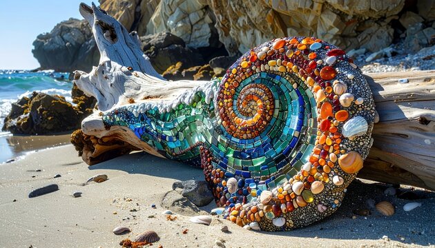 Colorful Spiral Shell Art on Driftwood at the Beach.