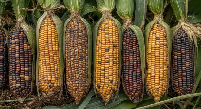 Field view of corn cobs damaged by various pests and plant diseases
