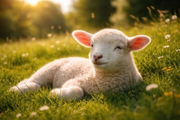 Fototapeta premium Peaceful lamb resting in a sunny green meadow on a summer afternoon