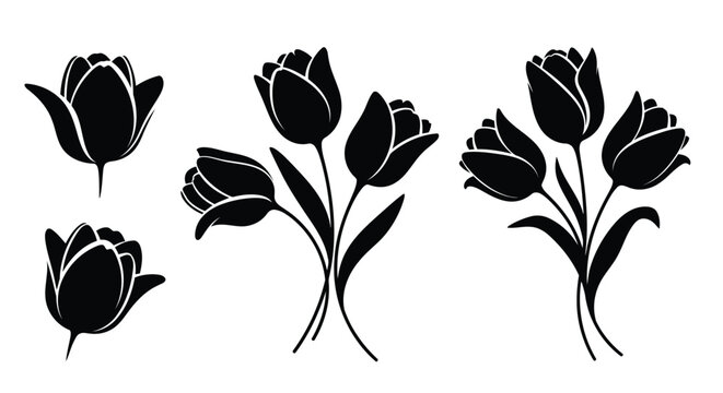 A set of black tulip silhouettes on a white background