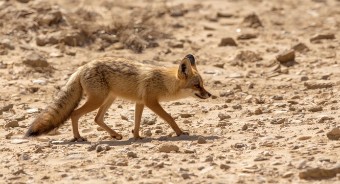 Vulpes zerda fennec fox exploring sun baked desert terrain