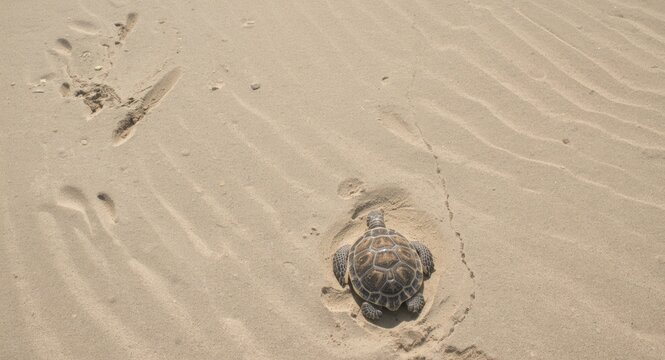 Young leatherback turtles exploring sandy shore with distinct tracks and copyspace