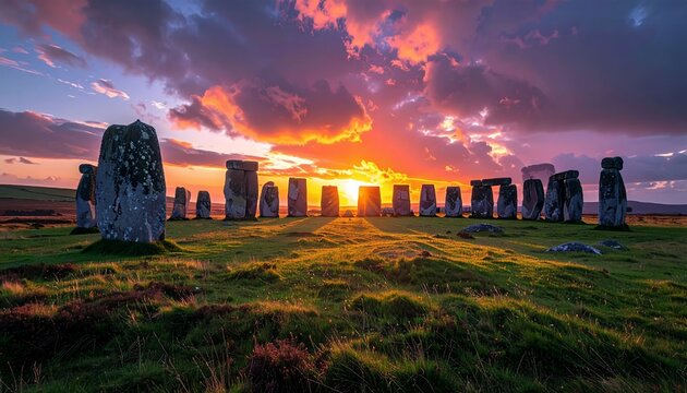 Dramatic Sunset Over Ancient Stone Circle at Callanish Standing Stones, Isle of Lewis, Scotland.