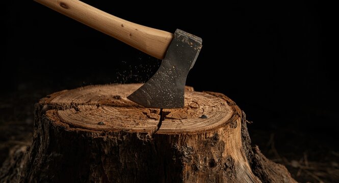 Wooden handled ax driven halfway into a split tree stump