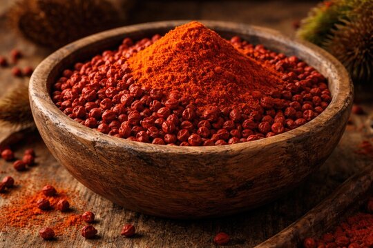 rustic wooden bowl filled with bright achiote seeds and vibrant powder