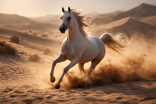 Arabian horse running freely through sandy desert terrain