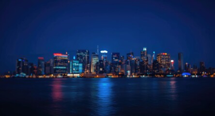 Fototapeta premium Lively city skyline under night sky with vibrant water reflections presenting artistic light composition and abstract background