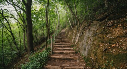 Fototapeta premium Steep hiking trail with natural terrain and lush greenery on a summer day