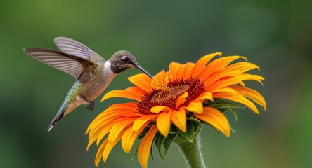 Fototapeta premium Playful hummingbird enjoying summer nectar from colorful Mexican sunflower