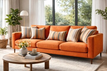 Fototapeta premium Modern orange sofa with striped cushions in a bright living room upholstery