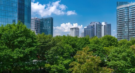 Obraz premium Vivid green trees alongside cutting edge urban buildings with copy space