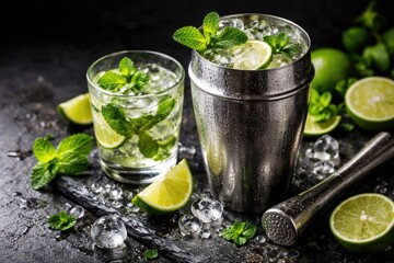 Fototapeta premium Refreshing mojito with ice cubes in a cocktail shaker on a slate board