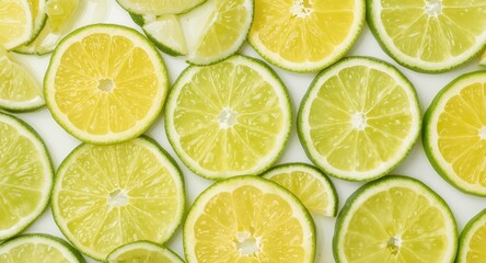 Fototapeta premium Juicy translucent lime and lemon slices arranged on a bright white backdrop