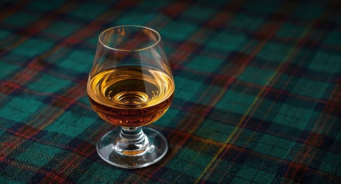 Tulip glass containing whisky positioned on a traditional Scottish tartan covered wooden surface