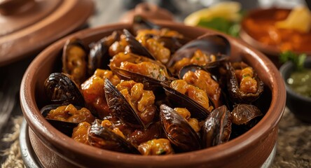 Fototapeta premium Tender oven baked dog cockles shellfish served in a clay bowl