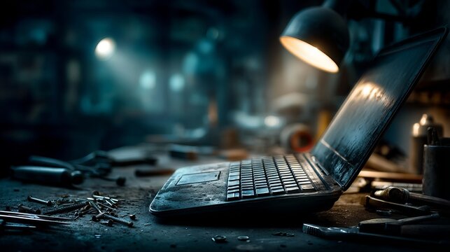 Messy Workbench with Partially Broken Laptop and Tools in Dim Light