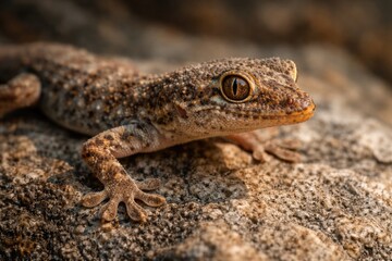 Fototapeta premium European Leaf-Toed Gecko Crawling on Textured Rock Surface