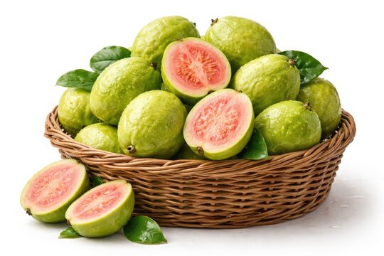 Fresh guavas piled high in a wicker basket on a plain white background