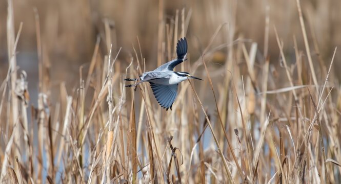 Winter flight of snipe bird above quiet marsh reeds
