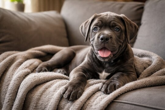Happy Cane Corso puppy lounging comfortably on a soft gray couch with a cozy cover