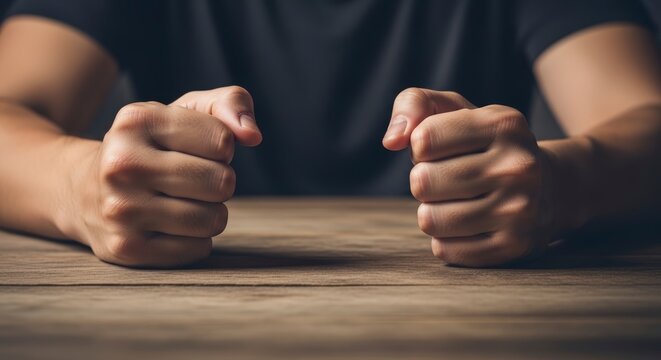 Closeup of person fists on table.