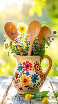 Rustic pitcher with wildflowers and wooden spoons on a sunny day.