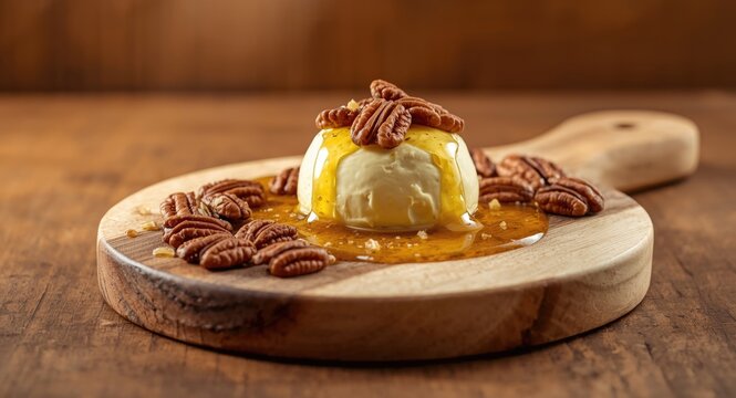 Sweet butter spread with honey and pecans on a wooden board food trend copyspace header