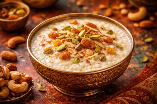Traditional Khir dessert with dry fruit garnishes served in bowl on vibrant wooden surface