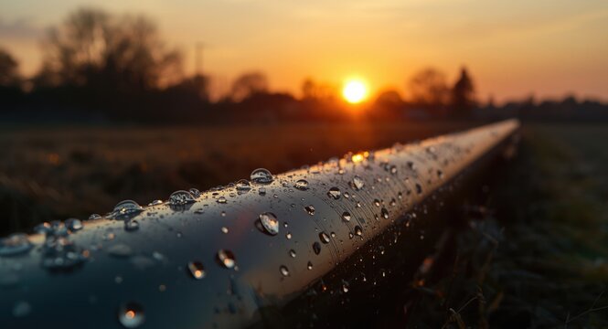 Sunset light and natural water droplets enhancing HDPE pipes in a quiet rural landscape