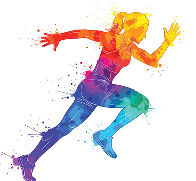 Dynamic silhouette of woman runner in sprinting pose with colorful rainbow watercolor splash and paint drips isolated on white background vector illustration