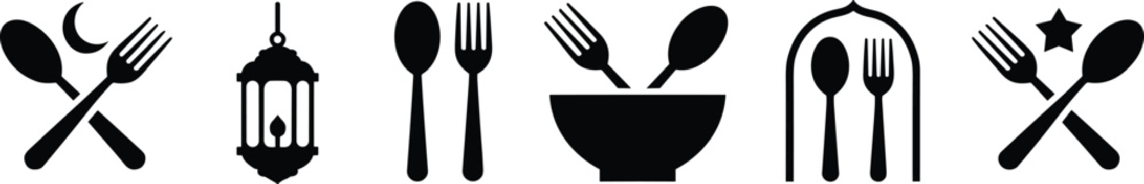Islamic Ramadan food and dining icons set with lantern bowl utensils and traditional meal symbols black silhouette vector illustration
