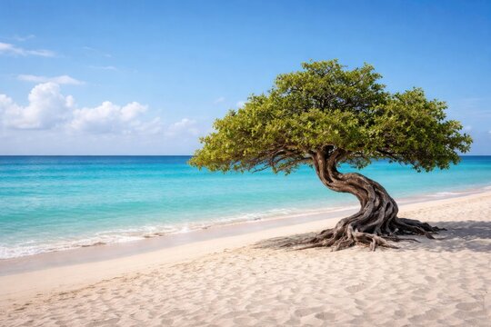 Copy space image of Divi Divi tree on a serene beach with soft sand and calm sea
