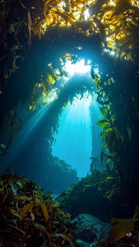 Sunlight streams through a vibrant underwater kelp forest, creating a magical blue glow.