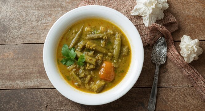 Top view of traditional okra soup with eba served on a white ceramic plate