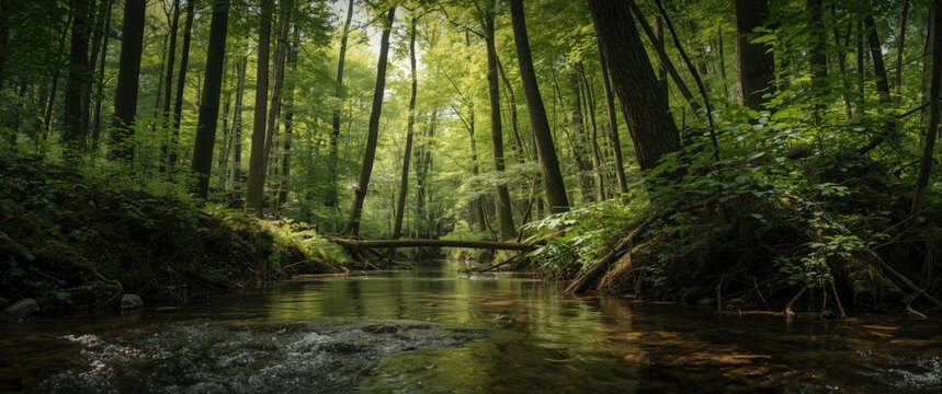 thriving forest with tall trees and a clear babbling brook