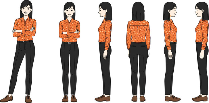 Full body character sheet of a young woman wearing an orange patterned shirt and black trousers showing front back and side views for fashion design and animation vector illustration