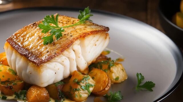 Delicious fillets of pollock or coalfish cooked in spicy marinade and served with baked salad to dinner. Exquisite pan roasted fish with a tantalizing blend of flavors and a perfectly crispy exterior.