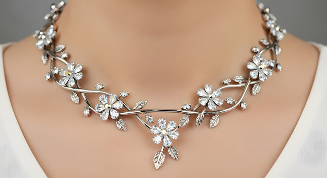 Elegant Silver Floral Necklace with Crystal Petals and Diamond Accents, Sophisticated Bridal Jewelry Vine Design for Weddings and Formal Evening Wear Gala